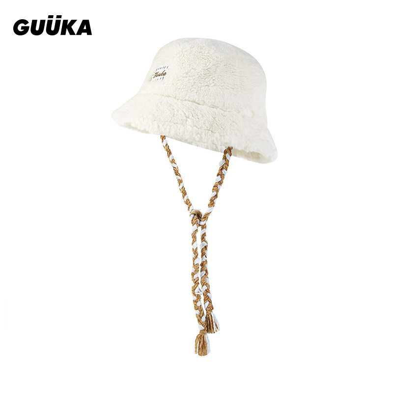 GUUKA米白色毛绒渔夫帽女冬季新款潮 可拆卸麻花辫仿兔毛保暖帽子