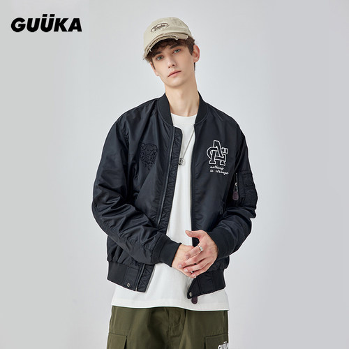 GUUKA春秋情侣百搭休闲外套潮牌男 古由卡联名黑色立领飞行员夹克