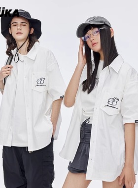 陈鑫昊周深同款GUUKA小狗刺绣衬衣宽松 matsui联名白色短袖衬衫男