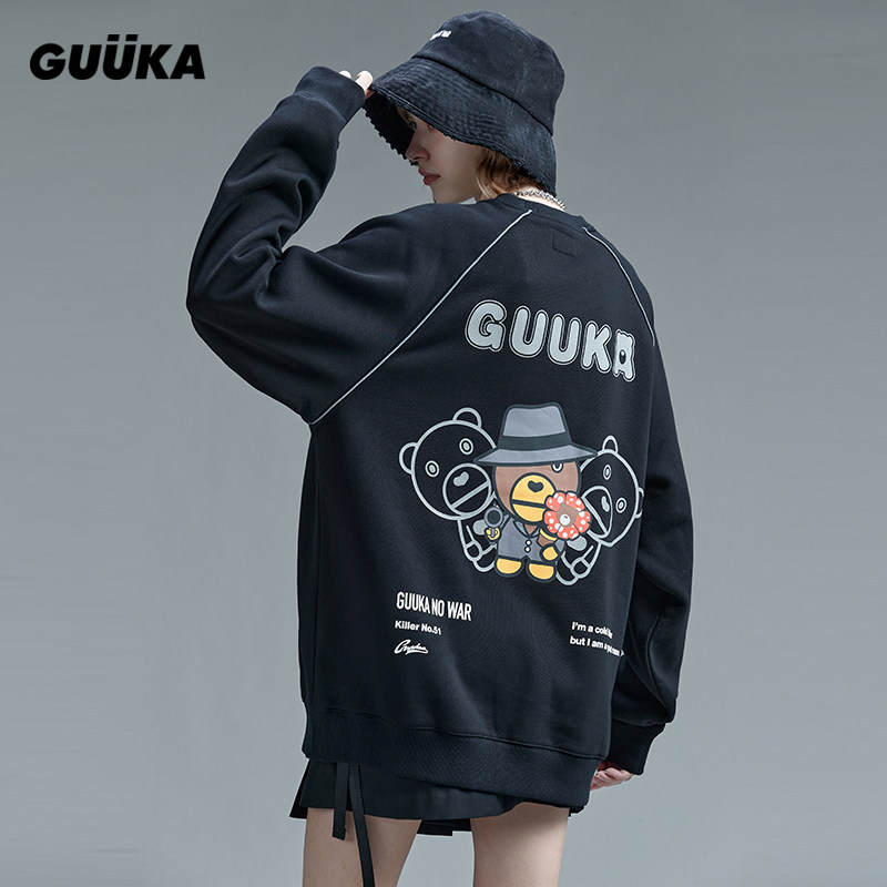 GUUKA潮牌黑色刺绣圆领卫衣女新款嘻哈情侣反光条运动卫衣宽松