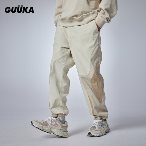 GUUKA美式复古结构分割裤子宽松 潮牌米白色束脚休闲裤男秋季新款