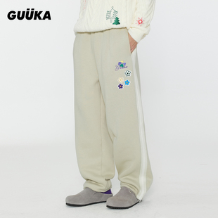 男冬季 GUUKA美式 潮牌花卉绣章羊羔绒加厚卫裤 子爱心刺绣直筒裤 裤