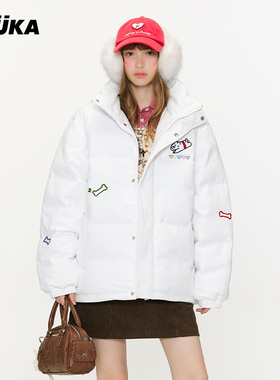 GUUKA冬季加厚灯芯绒棉服立领外套 matsui联名小狗刺绣白色棉衣女