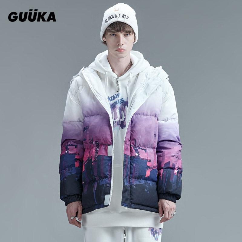 GUUKA潮牌白色轻薄羽绒服男冬 学生嘻哈建筑废墟印花鸭绒外套宽松