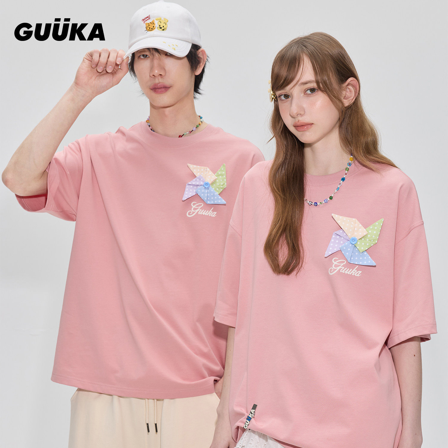 GUUKA重磅纯棉多巴胺半袖彩虹豆小马上衣糖果纸风车粉色短袖T恤男