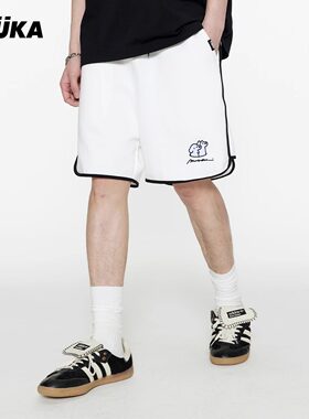 GUUKA夏季中裤重磅纯棉运动五分裤 matsui联名小狗刺绣白色短裤男