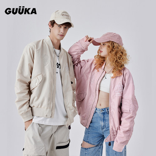 GUUKA潮牌新款抽褶袖子外套女春秋 美式联名粉色短款飞行员夹克女