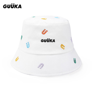 GUUKA潮牌白色渔夫帽男女嘻哈 左奇函同款刺绣防晒遮阳帽子百搭