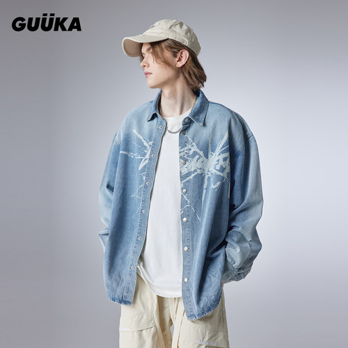 GUUKA潮牌复古做旧衬衣刺绣外套宽松 浅蓝色美式高街牛仔衬衫男秋