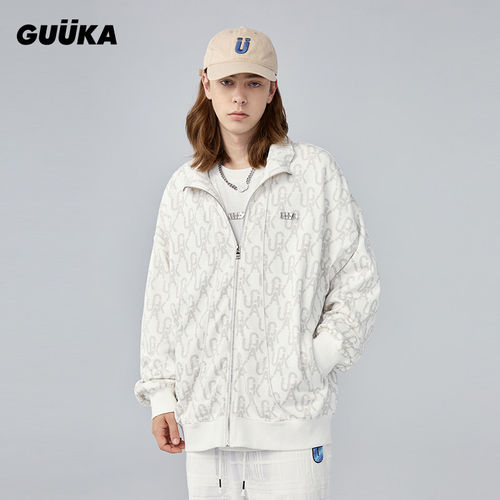 GUUKA潮美式复古运动立领针织外套 情侣嘻哈刺绣落肩开衫卫衣宽松