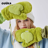 加厚 卓沅同款 GUUKA潮牌芥末绿毛绒手套男冬季 保暖挂脖绳骑行手套