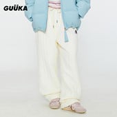 女款 冬季 保暖 GUUKA潮牌白色加绒加厚棉裤 爱心刺绣直筒防寒裤 宽松