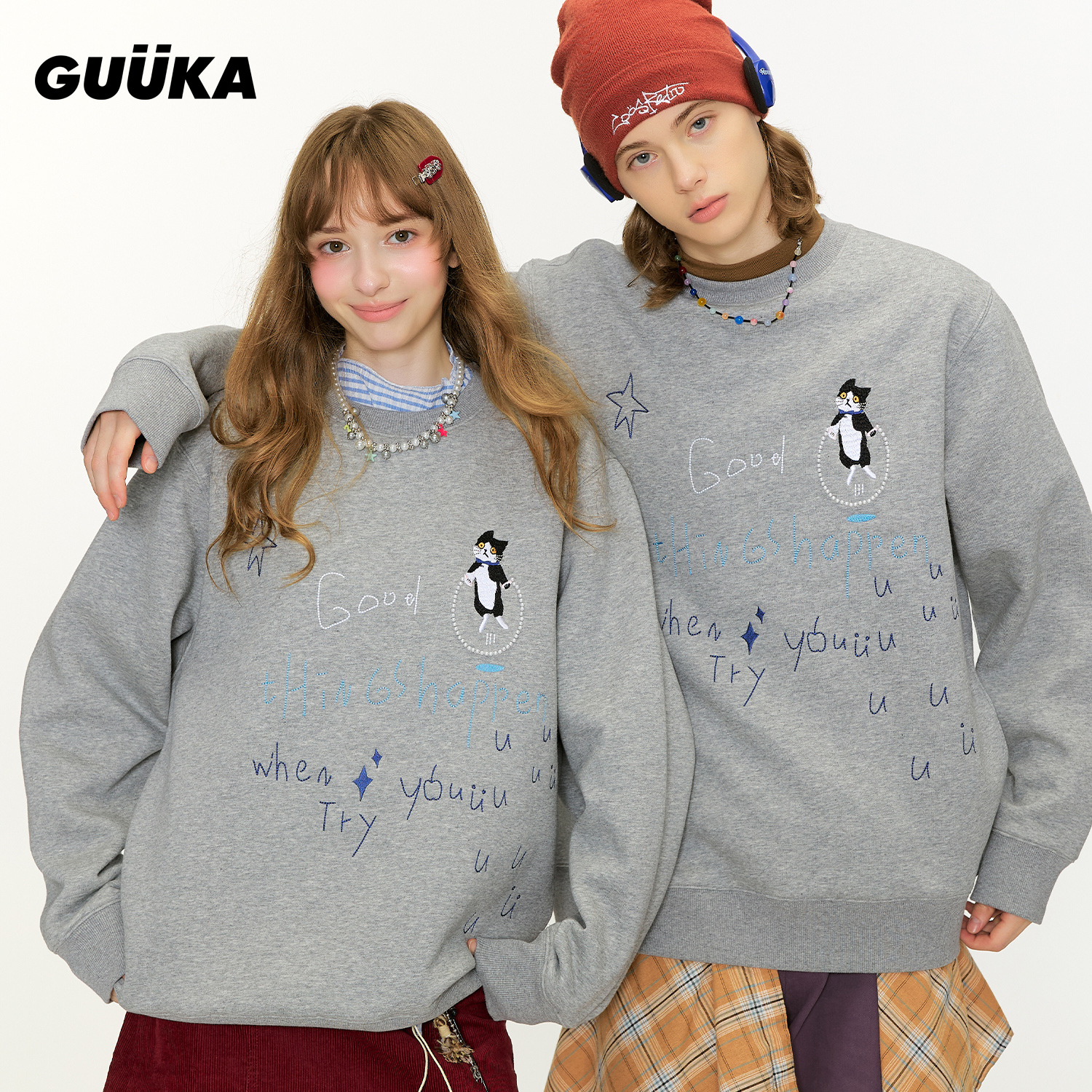 杨博文同款潮牌猫咪珠链圆领卫衣