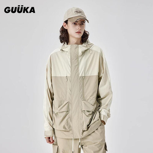 【户外系列】GUUKA浅卡其夹克男潮 山系冲锋衣魔术贴袖口外套宽松