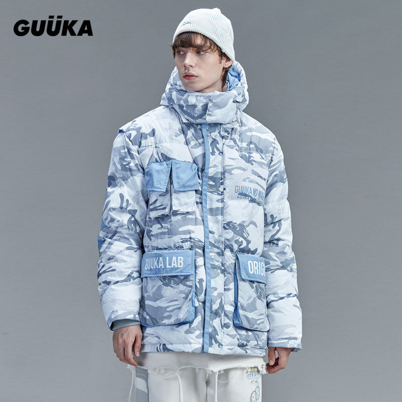 GUUKA潮牌白鸭绒羽绒服男短款 青少年嘻哈加厚迷彩面包服外套宽松