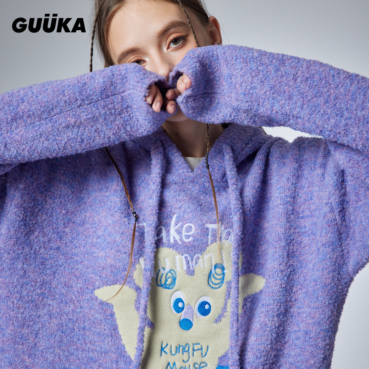 GUUKA多巴胺穿搭抽象插画宽松毛衣慵懒风 紫色连帽针织衫女冬新款