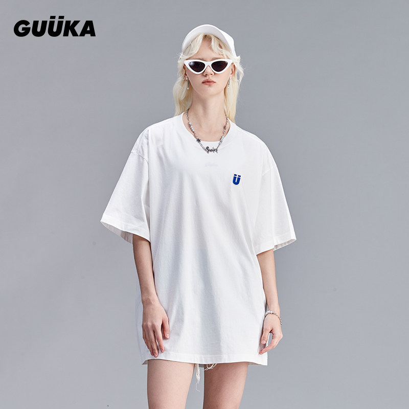 GUUKA白色短袖T恤女纯棉夏季潮任嘉伦同款多色LOGO刺绣半袖女宽松