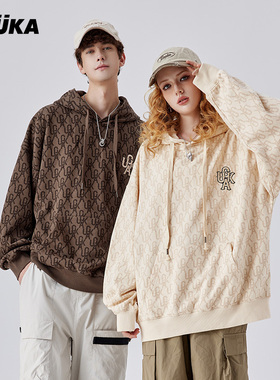 GUUKA潮牌cityboy日系连帽卫衣男新款情侣奶黄色复古满印帽衫宽松