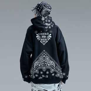 GUUKA潮牌黑色连帽卫衣女嘻哈情侣ins腰果花印花加厚运动帽衫 宽松