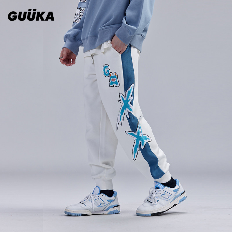 GUUKA潮牌白色束脚卫裤男纯棉春秋 街头嘻哈小怪兽毛巾刺绣裤子男
