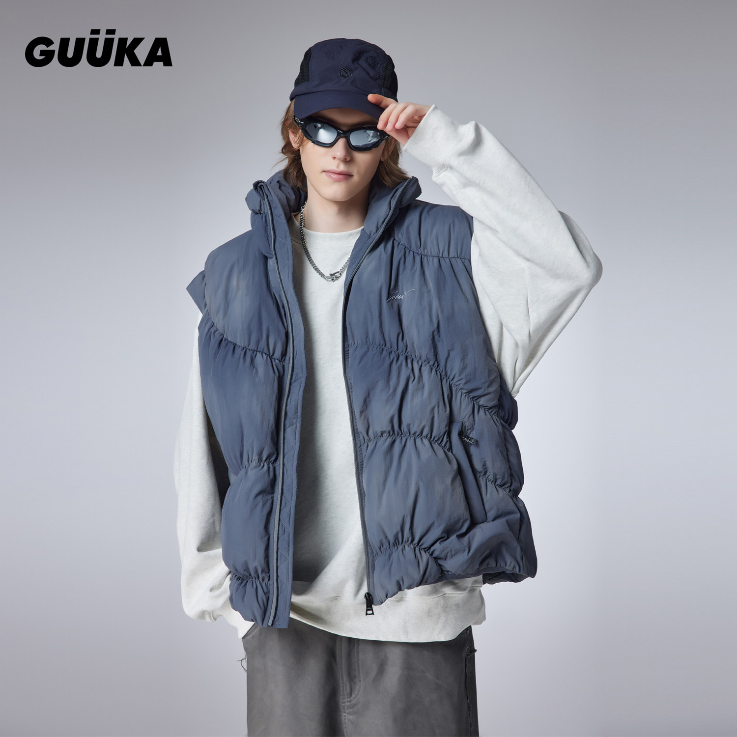 GUUKA轻薄扎染白鸭绒外套宽松 废土风灰色立领羽绒马甲男2025新款,男装,羽绒马甲,淘宝优惠券,粉丝福利购,淘宝优惠卷