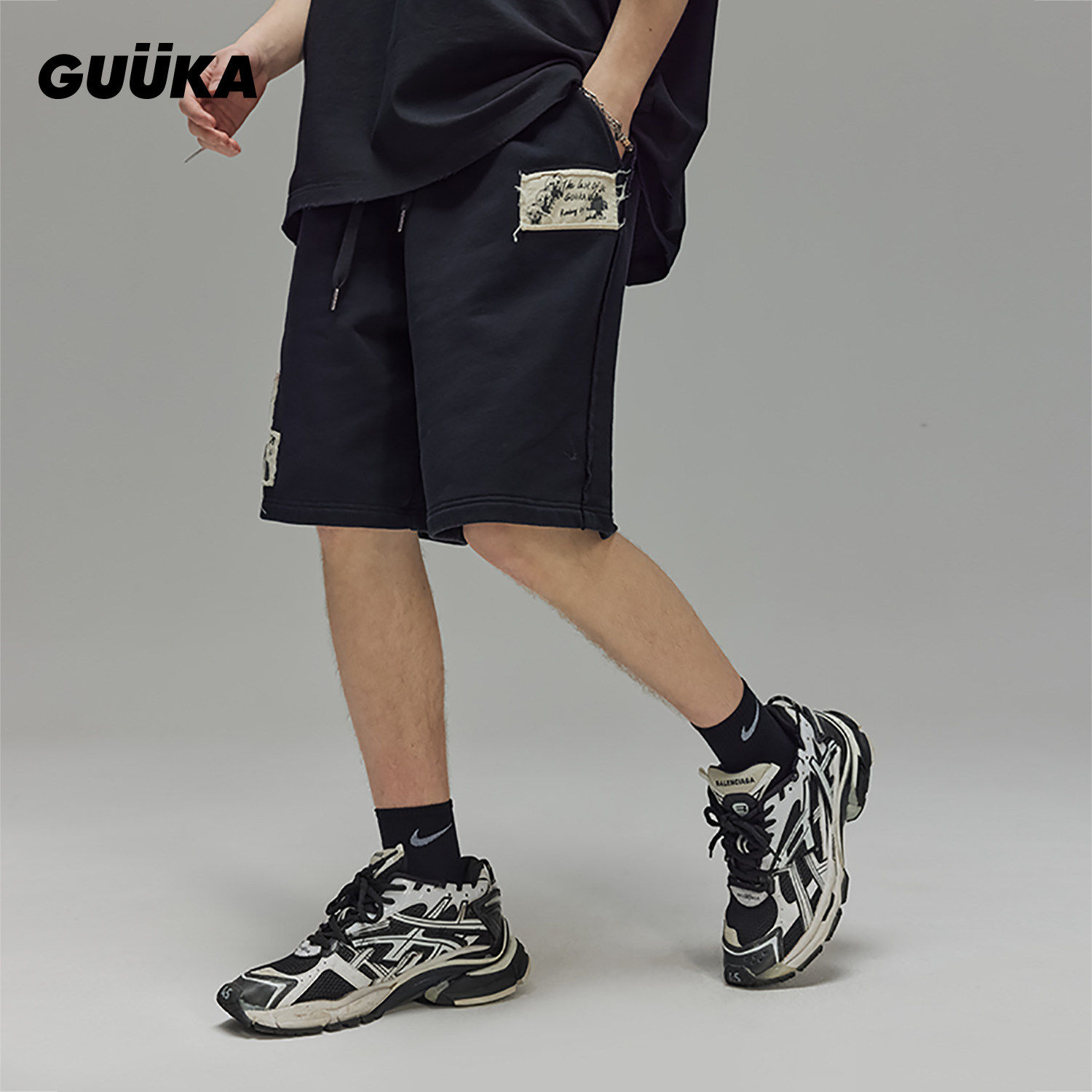 GUUKA沙丘废土风黑色重磅短裤男夏 青少年贴布毛边廓形五分裤宽松,男装,短裤,淘宝优惠券,粉丝福利购,淘宝优惠卷