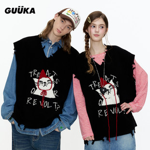 GUUKA潮牌黑色绵羊毛针织衫男小红帽猫咪V领毛衣背心坎肩磨破马甲