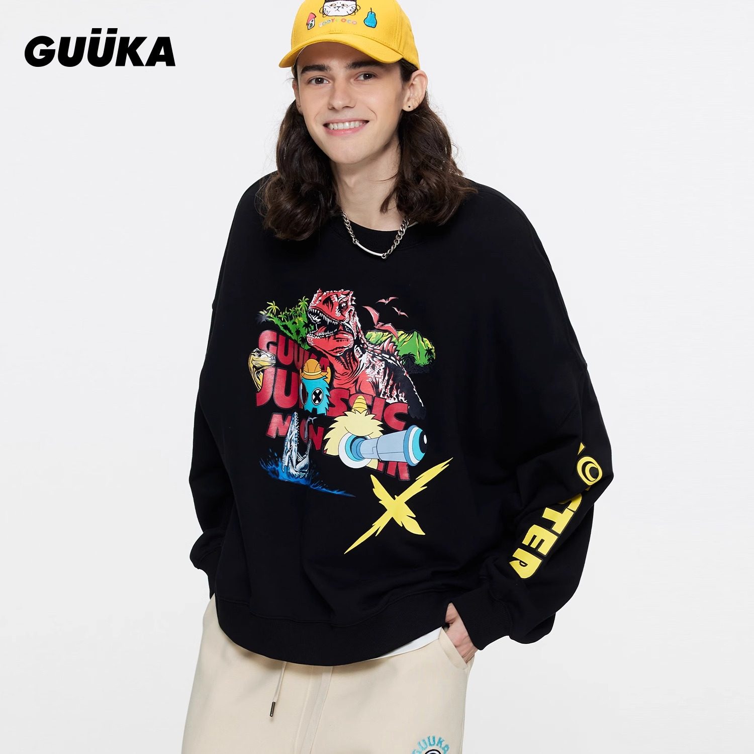 王瑞昌同款GUUKA小怪兽印花廓形上衣宽松 潮牌黑色短款卫衣圆领男