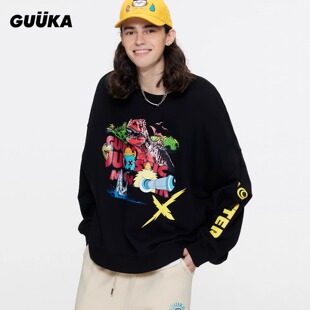 王瑞昌同款GUUKA小怪兽印花廓形上衣宽松 潮牌黑色短款卫衣圆领男