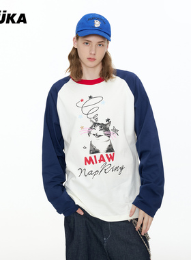 GUUKA潮美式情侣装撞色拼接上衣宽松猫咪纯棉长袖T恤 双高胎同款