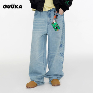 双高胎同款GUUKA刺绣堆堆裤廓形弯刀长裤子 美式牛仔裤直筒阔腿裤