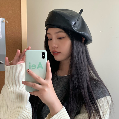 高级感显脸小PU皮时髦百搭贝雷帽
