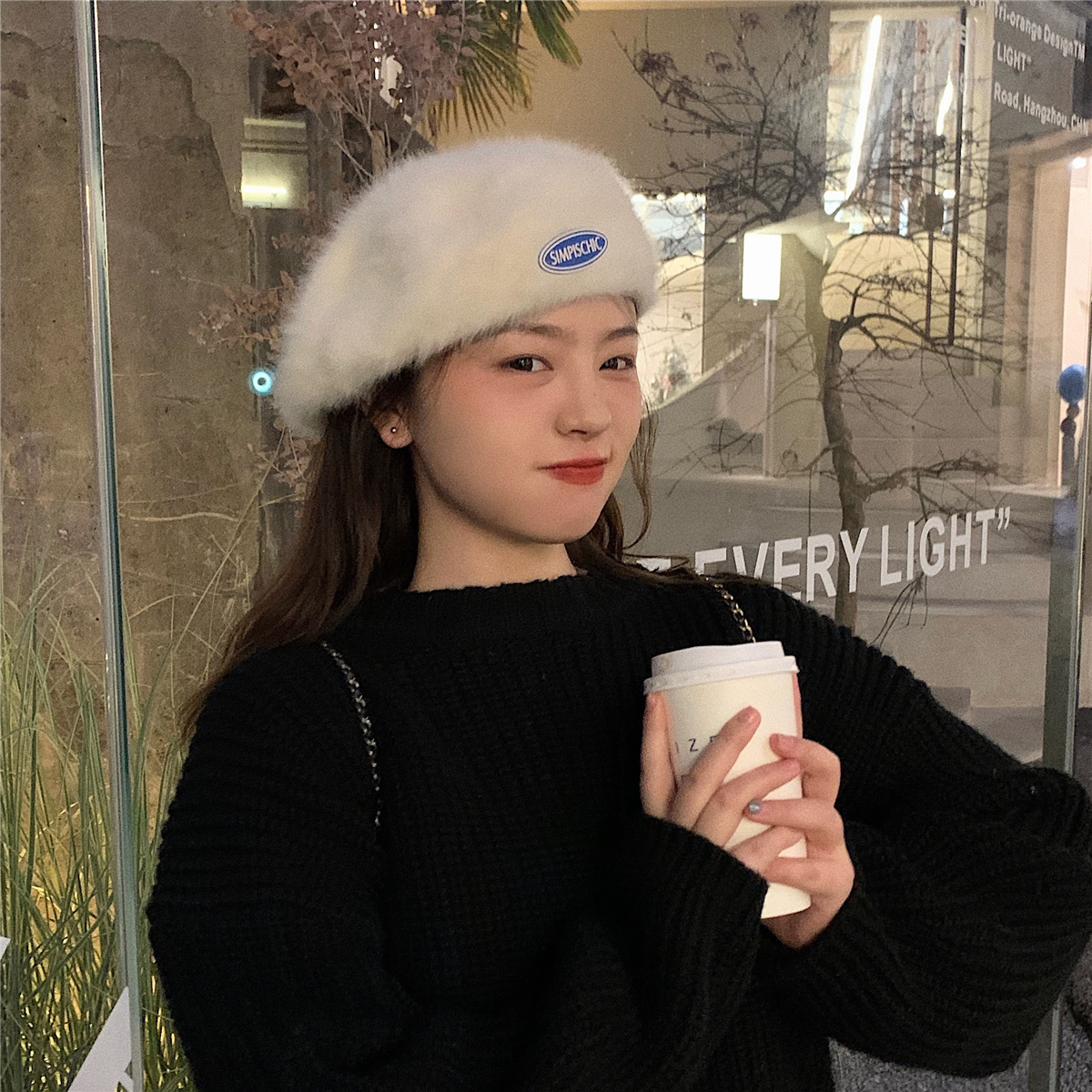 丁走走韩国兔毛画家英伦贝雷帽子