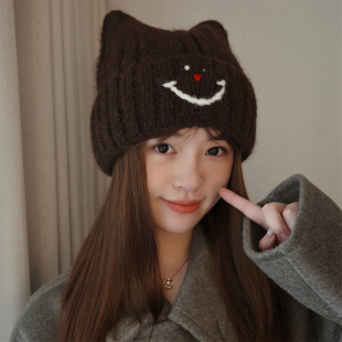 丁走走可爱小猫耳朵针织帽子女2025秋冬保暖护耳显脸小毛线帽百搭
