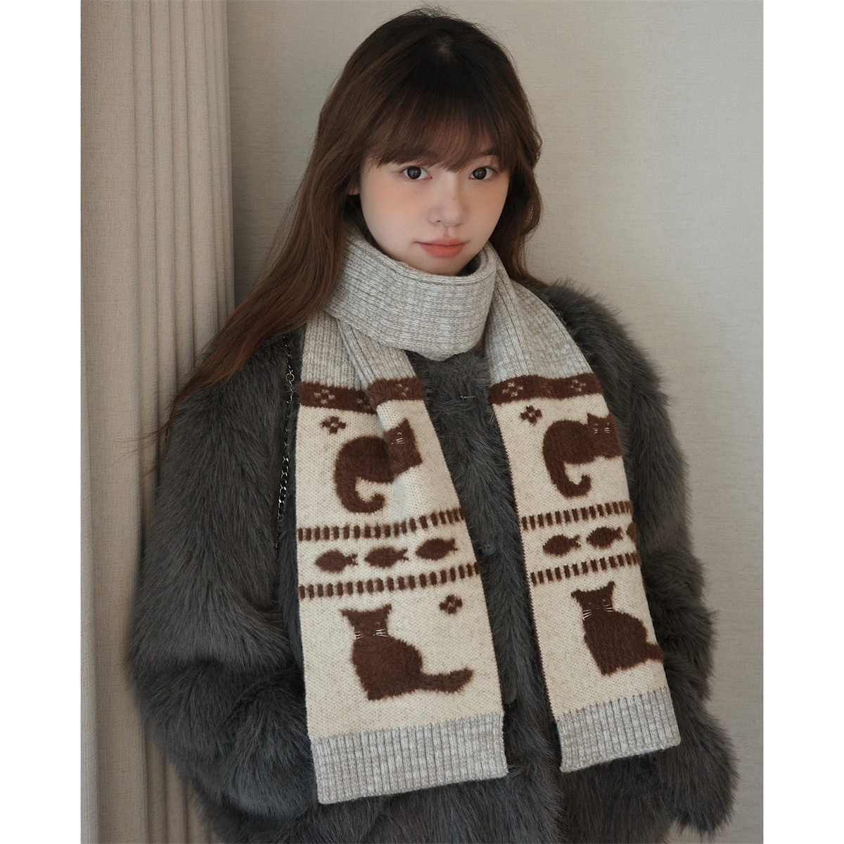 丁走走日系可爱小猫提花针织围巾女冬季保暖百搭毛线围脖防寒护颈,服饰配件/皮带/帽子/围巾,围巾/丝巾/披肩,淘宝优惠券,粉丝福利购,淘宝优惠卷