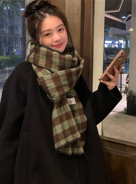 丁走走日系格纹女围巾冬季保暖
