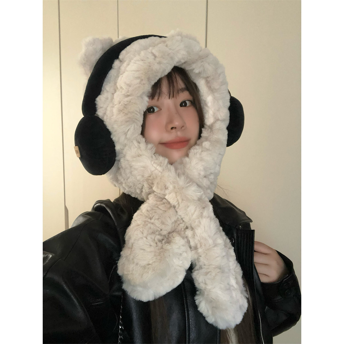 加绒加厚！可爱小熊帽子围巾一体