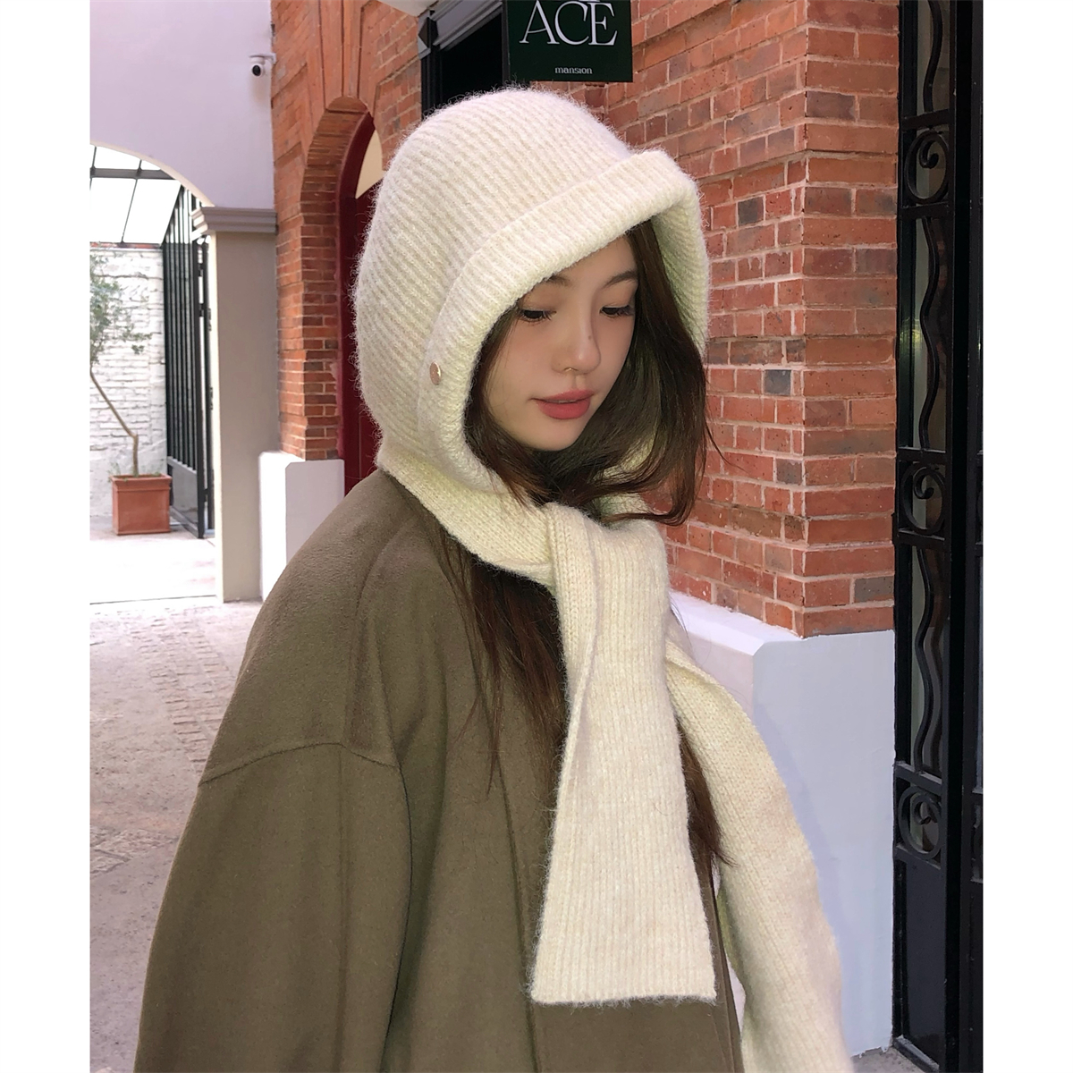 帽子围脖两用日系含羊毛针织帽