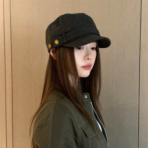 丁走走复古工装风纽扣平顶鸭舌帽马术帽日系百搭显脸小报童帽子女