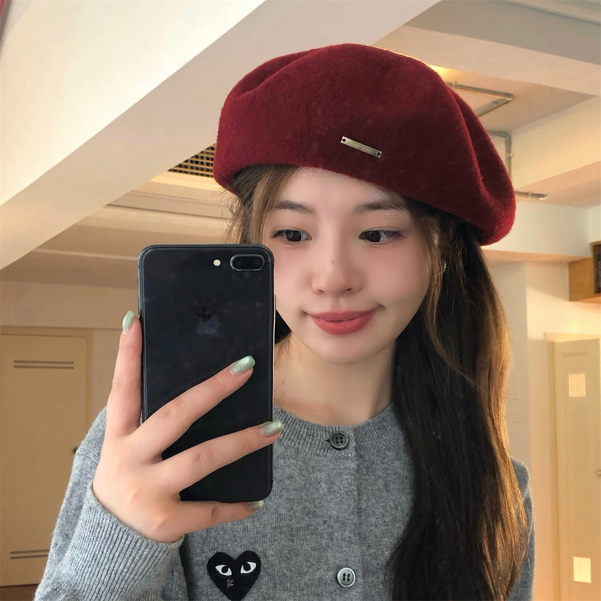 丁走走复古安可拉红色贝雷帽女秋冬纯羊毛大头围画家帽子显脸小潮