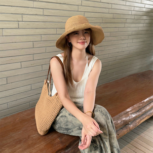高级感百搭大檐遮阳帽子女夏季海边沙滩度假草帽可折叠防晒太阳帽