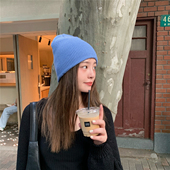 丁走走毛线帽女秋冬纯色百搭针织帽韩版 潮护耳冷帽保暖蓝色瓜皮帽