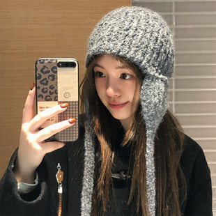 出口韩国~含羊毛护耳针织帽子女冬季滑雪保暖雷锋帽飞行帽显脸小