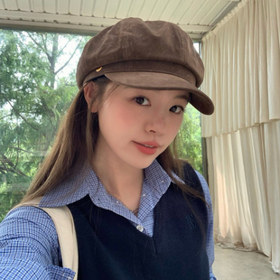 丁走走秋冬新款英伦高级感绒面金标复古八角帽女百搭显脸小报童帽