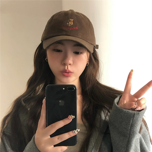 日系可爱小熊刺绣棒球帽子女秋季磨毛复古大头围鸭舌帽显脸小百搭