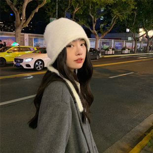 丁走走日系可爱毛绒绑带针织帽子女秋冬保暖护耳包头毛线帽显脸小