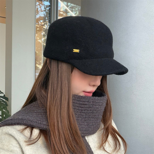 丁走走气质黑色羊毛马术帽子女百搭复古英伦平顶报童帽时髦骑士帽