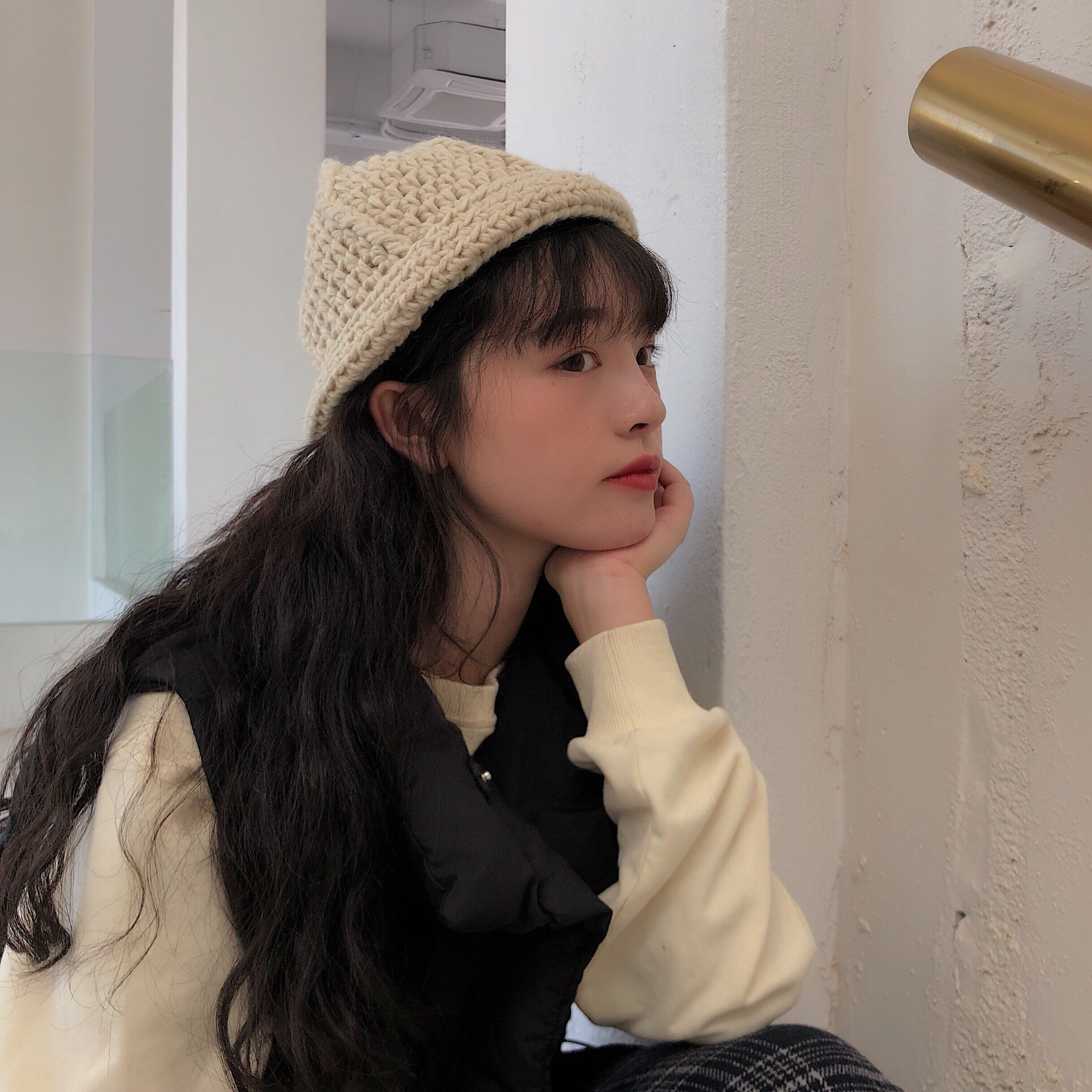 丁走走/百搭手工钩针韩版纯色毛线帽女秋冬保暖尖尖卷边针织帽男