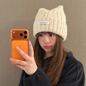 丁走走韩系可爱猫耳朵毛线帽子女冬季 保暖护耳帽针织包头帽显脸小