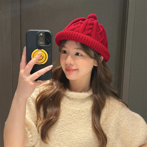 小红帽100%纯羊毛可爱麻花毛线帽
